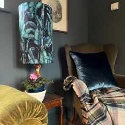 Leaves Velvet Cylinder Lampshade, in Black, Extra Tall Tropical Black Leaves Velvet - thumbnail 2