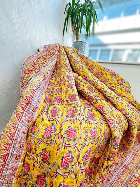 Quilted Pure Cotton Reversible Bed Throw King Size Summer Indian Quilt Handmade Handprint Country - Happy Mustard White Pink Bloom Gardenia - image 1