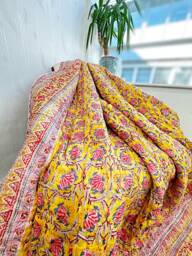 Quilted Pure Cotton Reversible Bed Throw King Size Summer Indian Quilt Handmade Handprint Country - Happy Mustard White Pink Bloom Gardenia - thumbnail 1