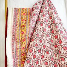 Quilted Pure Cotton Reversible Bed Throw King Size Summer Indian Quilt Handmade Handprint Country - Happy Mustard White Pink Bloom Gardenia - thumbnail 3