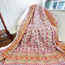 Quilted Pure Cotton Reversible Bed Throw King Size Summer Indian Quilt Handmade Handprint Country - Happy Mustard White Pink Bloom Gardenia - thumbnail 4