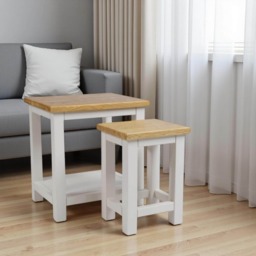 Painted 2-Tier Side Table Set With Oak Top, Wooden End Tables