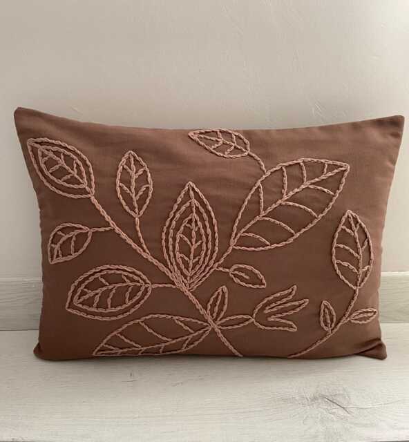 Punch Needle Pillow Cover Leaf Patterned Brown Linen, Handmade - 14x20 - image 1
