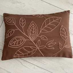Punch Needle Pillow Cover Leaf Patterned Brown Linen, Handmade - 14x20 - thumbnail 3