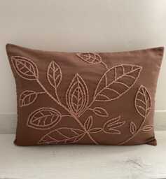 Punch Needle Pillow Cover Leaf Patterned Brown Linen, Handmade - 14x20