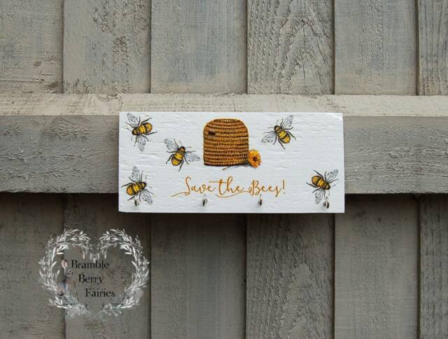 Save The Bees Key Hook Rack, Necklace Jewellery Hanger Organiser, Tea Towel Holder, Kitchen Wall Organiser - image 1