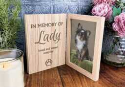 Pet Loss Remembrance Personalised , Memorial Picture -Photo Frame Any Animal - Cat Dog Horse -Rabbit Etc... Engraved Oak Book Style - thumbnail 1