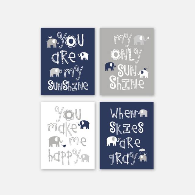 Boy Elephant Wall Art For Nursery, Navy Blue & Gray Bedroom Decor, Canvas Or Prints Nursery Gift Set Of 4 By Yassisplace - image 1