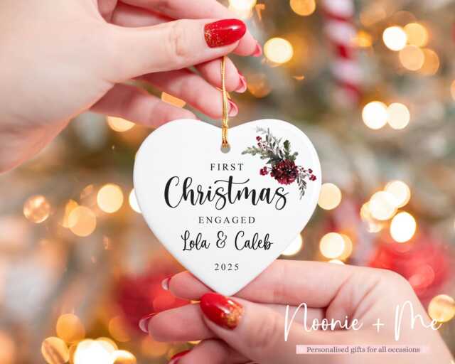 First Christmas Engaged - Tree Decoration Personalised Ceramic Bauble Heart Engagement Gift Style2 - image 1