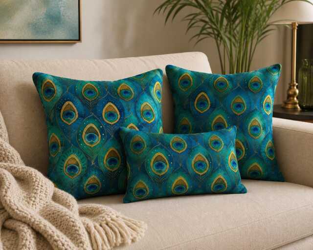 Made By Order Digital Peacock Feathers Green Teal Velvet Cushion Covers Any Size On Demand Custom Size - image 1