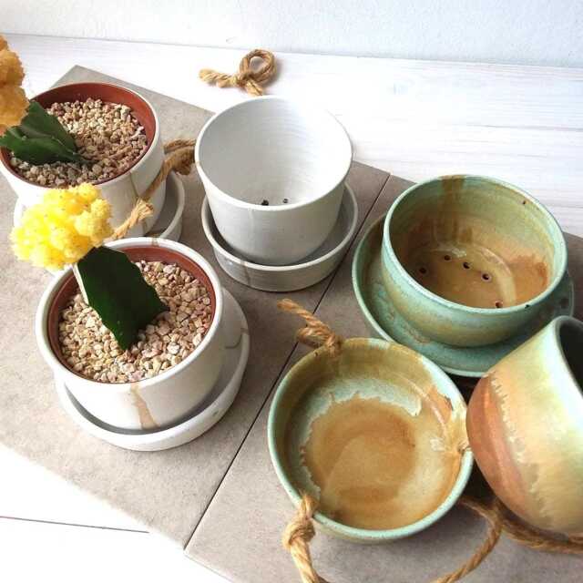 Ceramic Planter, Planter With Plate, White Turquoise Plant Pot Holes, Pottery Green Hanging - image 1