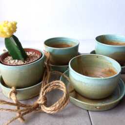 Ceramic Planter, Planter With Plate, White Turquoise Plant Pot Holes, Pottery Green Hanging - thumbnail 2