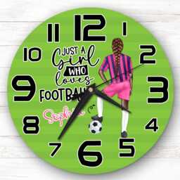 Girls Football Dark Skin French Braid Personalised Gift For Kid's Bedroom Clock - Kids Clock, Children's , Custom Wall - thumbnail 1