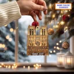 Custom Name Notre-Dame Cathedral With Christmas Lights Personalized Ornament, Tree Hanging Decor, Ornament, Flat Ornament - thumbnail 2