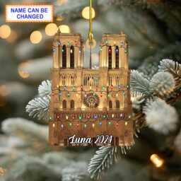 Custom Name Notre-Dame Cathedral With Christmas Lights Personalized Ornament, Tree Hanging Decor, Ornament, Flat Ornament