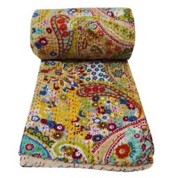 Paisley Kantha Quilt Hand-Embroidered Indian Cotton Bedspread - thumbnail 3
