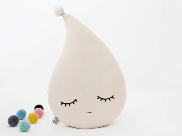 Beige Raindrop Cushion With Pompom For Nursery Decor, Baby Shower Gift Idea Dreamy Pillow Gender Neutral Infant Room Newborn Bed Kids Teepee - image 1