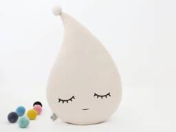 Beige Raindrop Cushion With Pompom For Nursery Decor, Baby Shower Gift Idea Dreamy Pillow Gender Neutral Infant Room Newborn Bed Kids Teepee - thumbnail 1