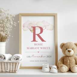 Personalised Pink Teddy Clouds Birth Print, Details, Poster, New Baby Girl Gift, Name Sentimental, Nursery A4 A3 Wall Art