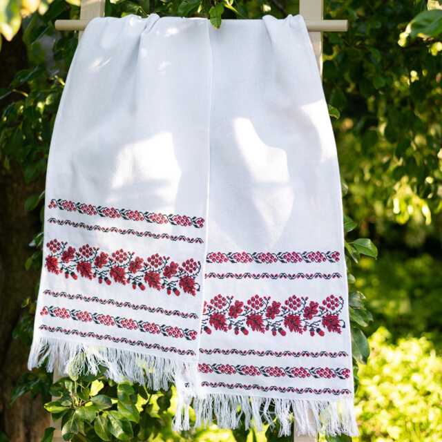 "Ukrainian Wedding Rushnyk With Red Kalyna Embroidery, Slavic Ceremonial Towel ""Na Doliu, Na Shchastya" - image 1