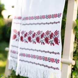 "Ukrainian Wedding Rushnyk With Red Kalyna Embroidery, Slavic Ceremonial Towel ""Na Doliu, Na Shchastya" - thumbnail 3