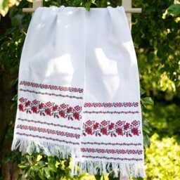 "Ukrainian Wedding Rushnyk With Red Kalyna Embroidery, Slavic Ceremonial Towel ""Na Doliu, Na Shchastya"