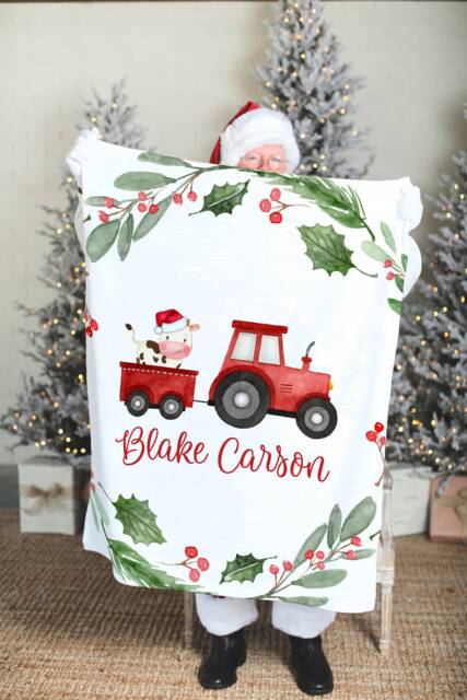 Personalized Farm Christmas Blanket, Present For Kids With Cow & Tractor - image 1