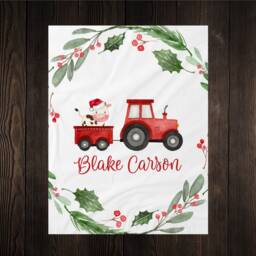 Personalized Farm Christmas Blanket, Present For Kids With Cow & Tractor - thumbnail 2