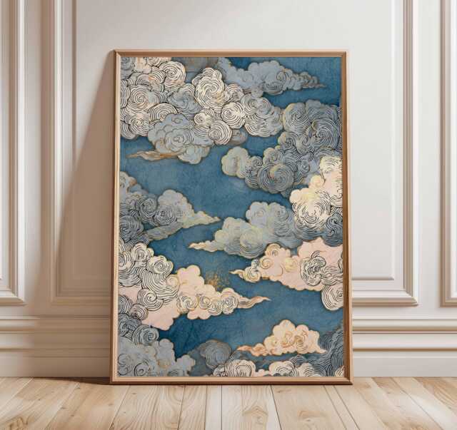 Japanese Cloud Art Poster, Blue & Gold Sky Print, Traditional Woodblock Style, Elegant Decor, Zen Minimalist Wall - image 1