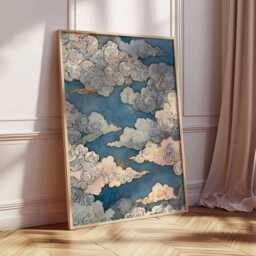 Japanese Cloud Art Poster, Blue & Gold Sky Print, Traditional Woodblock Style, Elegant Decor, Zen Minimalist Wall - thumbnail 2