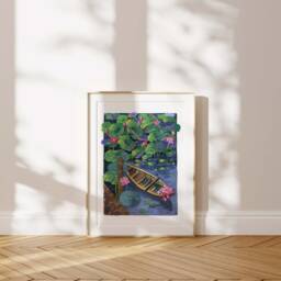 Lotus Boat Art Print Tranquil Gouache Painting, Nature Wall Decor - thumbnail 2