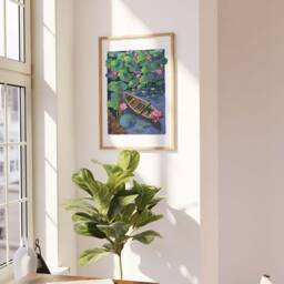 Lotus Boat Art Print Tranquil Gouache Painting, Nature Wall Decor - thumbnail 3