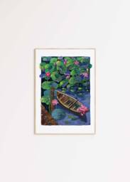 Lotus Boat Art Print Tranquil Gouache Painting, Nature Wall Decor - thumbnail 1