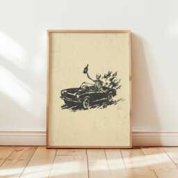 Retro Skeleton Driving Hot Rod Poster Print, Vintage Macabre Car Art, Dark Academia Wall Decor, Grunge Skull Goth Gifts - thumbnail 1
