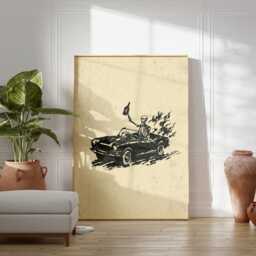 Retro Skeleton Driving Hot Rod Poster Print, Vintage Macabre Car Art, Dark Academia Wall Decor, Grunge Skull Goth Gifts - thumbnail 3