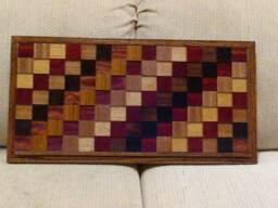 Wood Wall Art Sculpture Featuring A Variety Of Exotic Wood Pieces in Three Dimensional, Geometric Checkerboard-Like Array