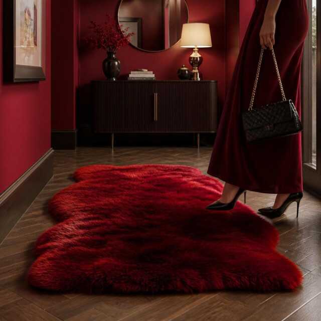 Real Sheepskin Rug, Burgundy Soft Wool Home D??cor - image 1