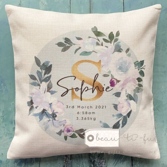 Personalised New Baby Name & Initial White Pink Floral Wreath Design Home Quote Linen Style Cushion Decor Cover