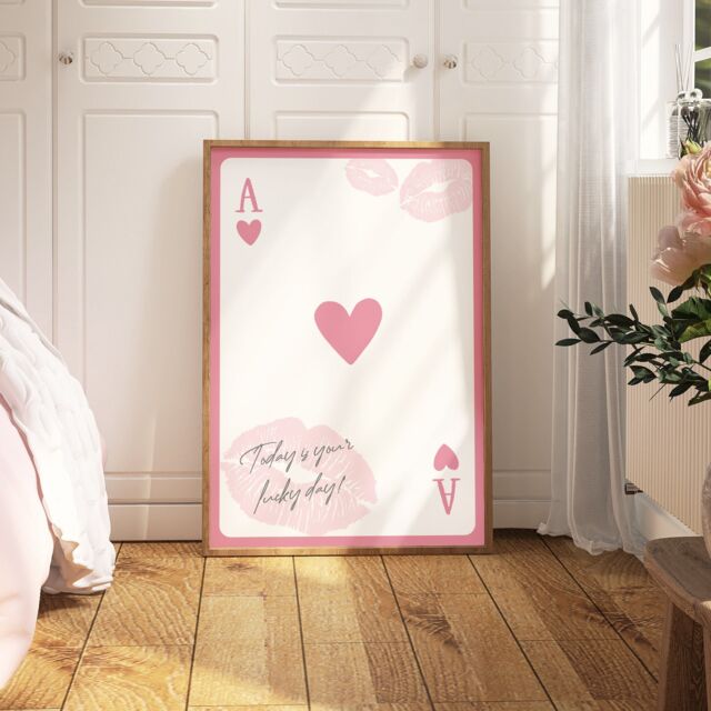 Lucky Ace Of Hearts Print, Retro Playing Card Wall Art, Inspiring Quote Poster, Pink Decor, Trendy Preppy Room Decor 2379 - image 1