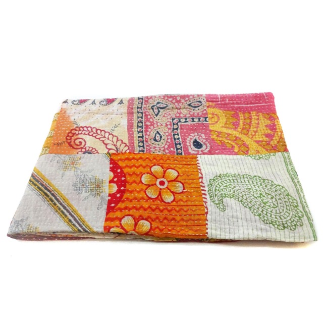 Handmade Floral Kantha Quilt Indian Cotton Twin Bedspread - image 1