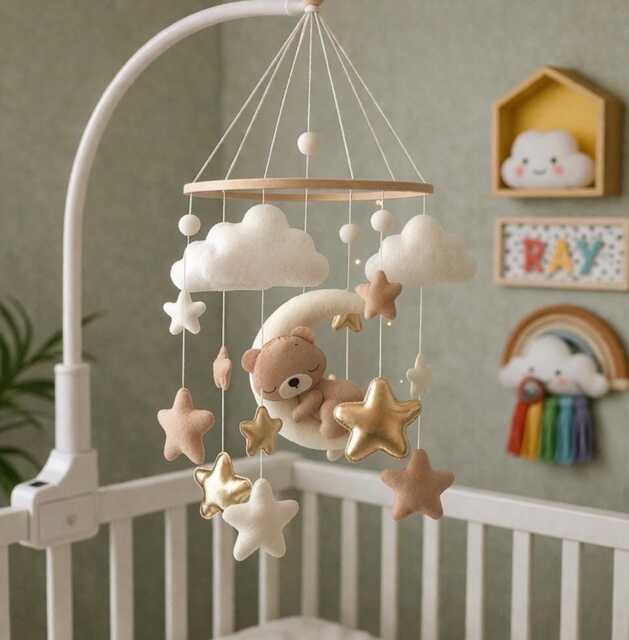 Felt Bear Moon Baby Mobile Sleeping Teddy Crib Decoration, Stars Nursery Decor - image 1
