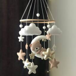 Felt Bear Moon Baby Mobile Sleeping Teddy Crib Decoration, Stars Nursery Decor - thumbnail 3