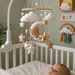 Felt Bear Moon Baby Mobile Sleeping Teddy Crib Decoration, Stars Nursery Decor - thumbnail 2