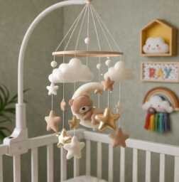 Felt Bear Moon Baby Mobile Sleeping Teddy Crib Decoration, Stars Nursery Decor
