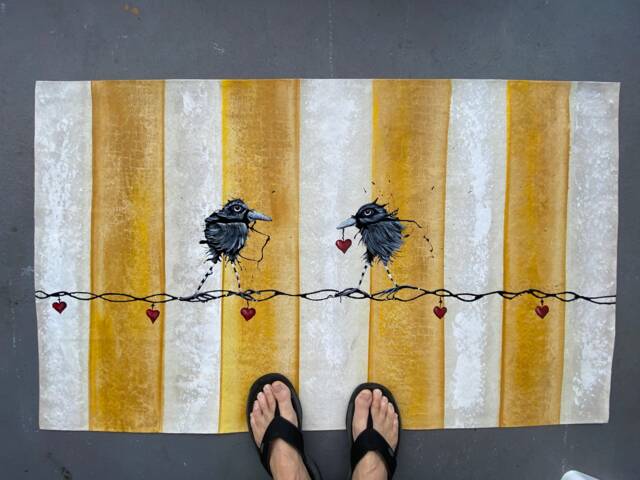 Hand-Painted Raven Floorcloth Black Bird Art, Yellow Stripe Rug - image 1