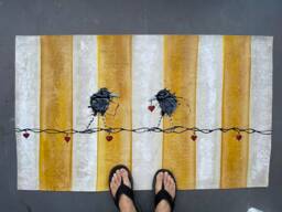 Hand-Painted Raven Floorcloth Black Bird Art, Yellow Stripe Rug - thumbnail 1