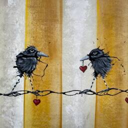 Hand-Painted Raven Floorcloth Black Bird Art, Yellow Stripe Rug - thumbnail 2