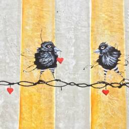 Hand-Painted Raven Floorcloth Black Bird Art, Yellow Stripe Rug - thumbnail 3