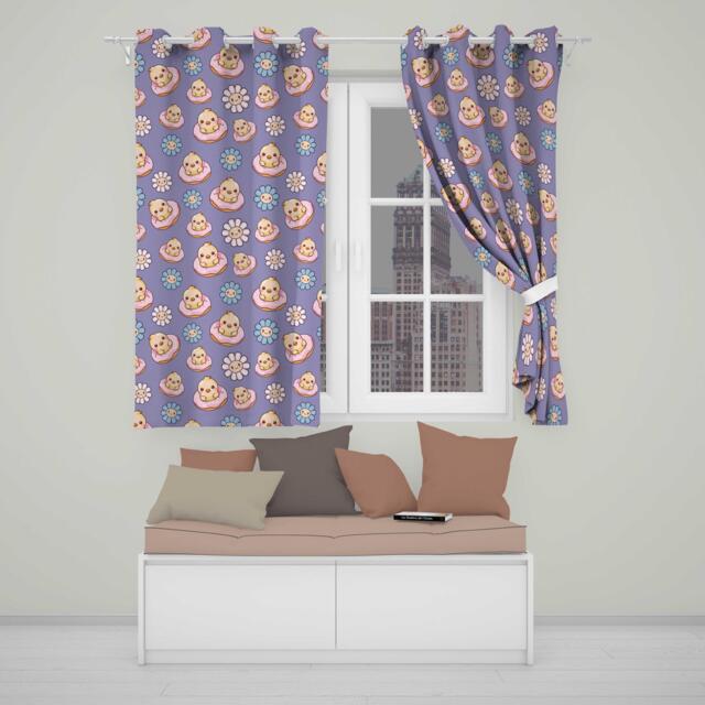 Kawaii Chick Sitting On Donut With Flowers Seamless Pattern Purple Background Readymade Eyelet Ring Top Thermal 100% Blackout Curtains - image 1