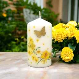 Hand-Decorated Wax Pillar Candle Golden Daffodils & Butterfly Design - thumbnail 1